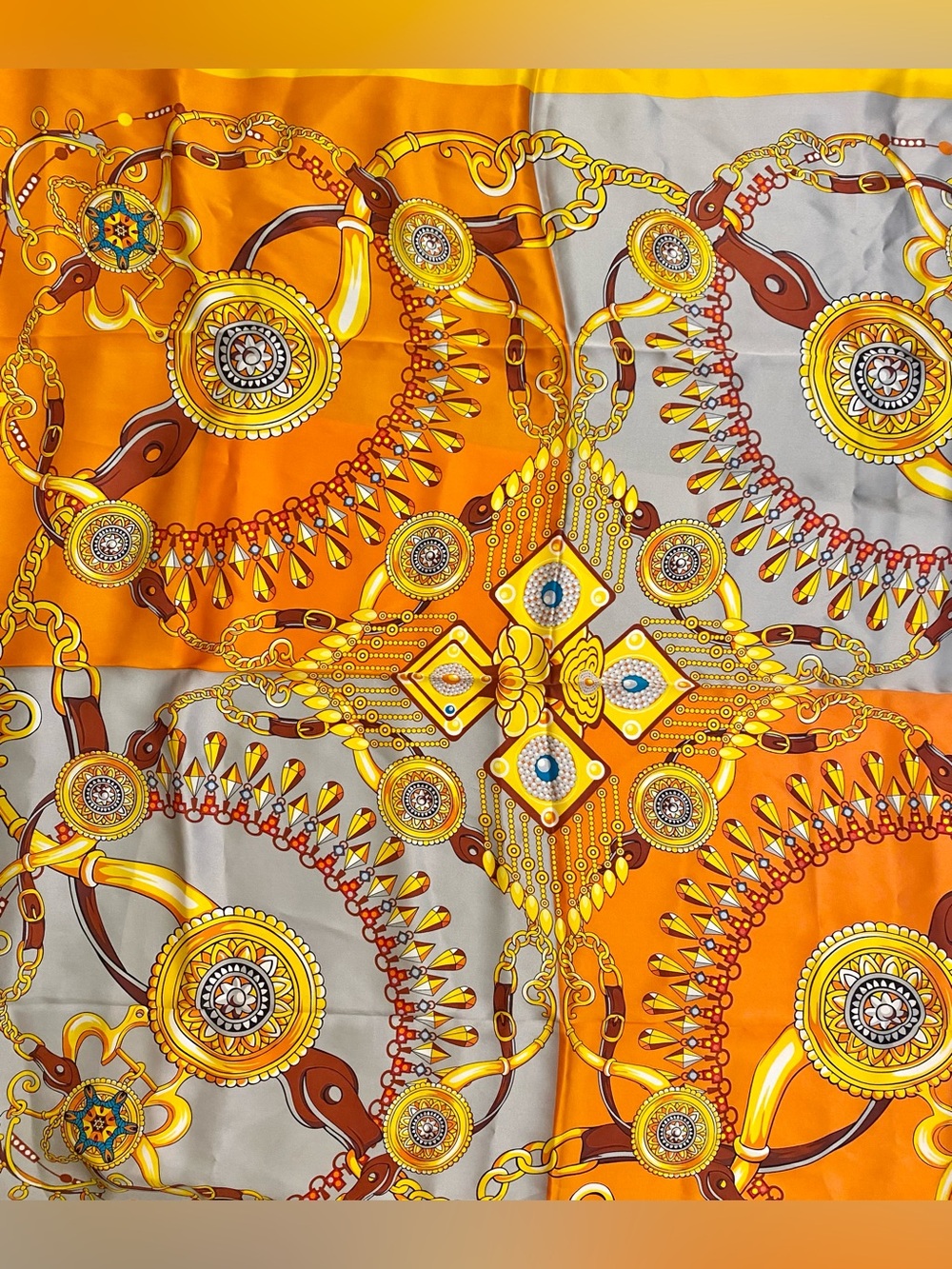 Wensli Vibrant Orange & Gold Patterned Silk Scarf NWT! - Picture 2 of 4